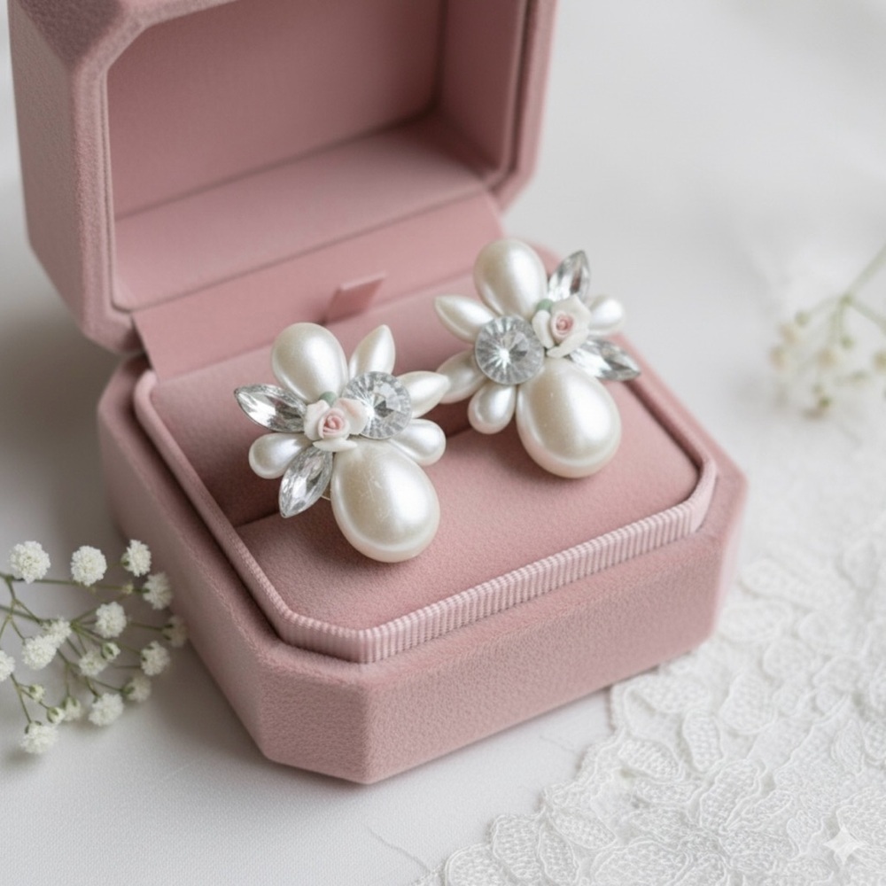 Statement vintage white flower faux pearl earrings
